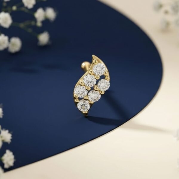 Luna Petal Diamond Nose Pin for Women featuring petal-inspired detailing with sparkling diamonds in a floral design.