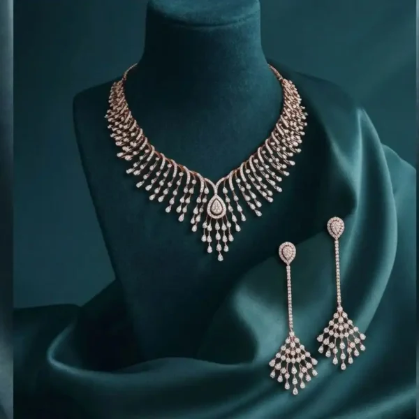 Luxe Waterfall Diamond Necklace Set featuring cascading lab-grown diamonds with matching earrings in a luxurious statement design.