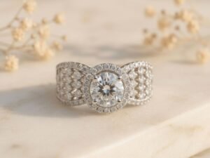 Crown Halo Diamond Ring featuring a brilliant center diamond with a crown-inspired halo setting.