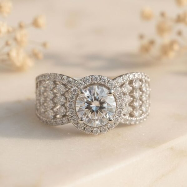 Crown Halo Diamond Ring featuring a brilliant center diamond with a crown-inspired halo setting.