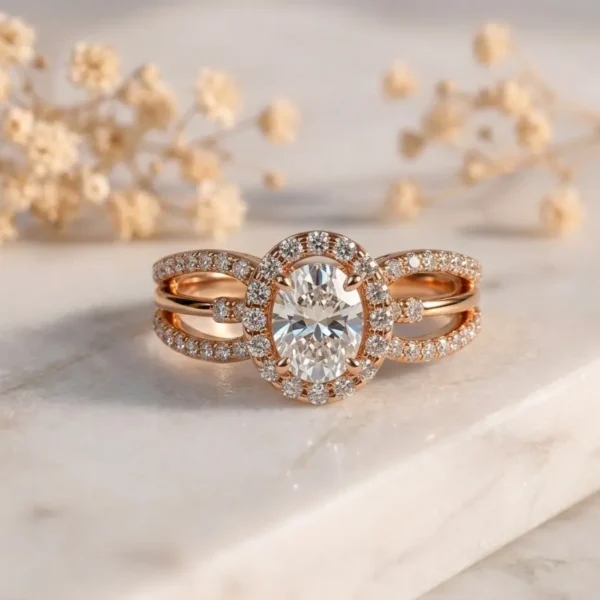 Oval Solitaire Split Shank Ring featuring a sparkling oval-cut center stone with a stylish split shank design.