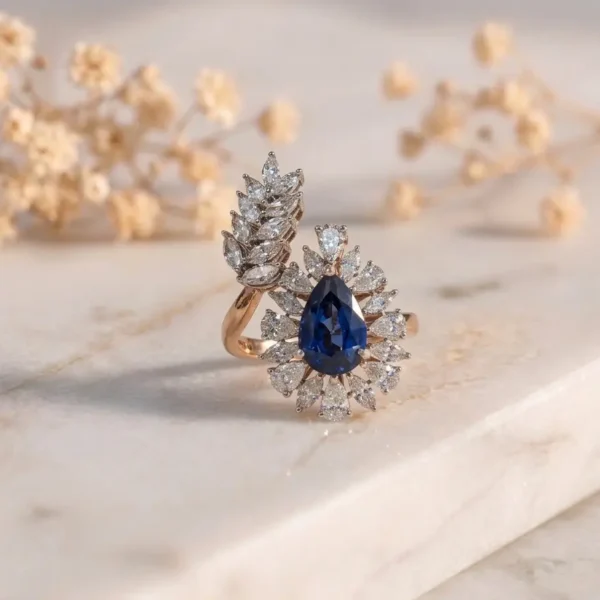 Blue Sapphire Floral Halo Diamond Ring featuring a blue sapphire center stone surrounded by a floral diamond halo.