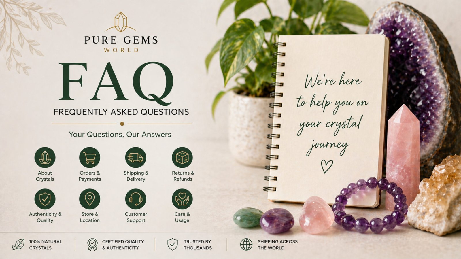 Gemstone and crystal FAQs banner with healing crystals and jewelry display