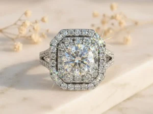 Regal Halo Radiance Ring featuring a brilliant center stone surrounded by a sparkling halo in an elegant design.