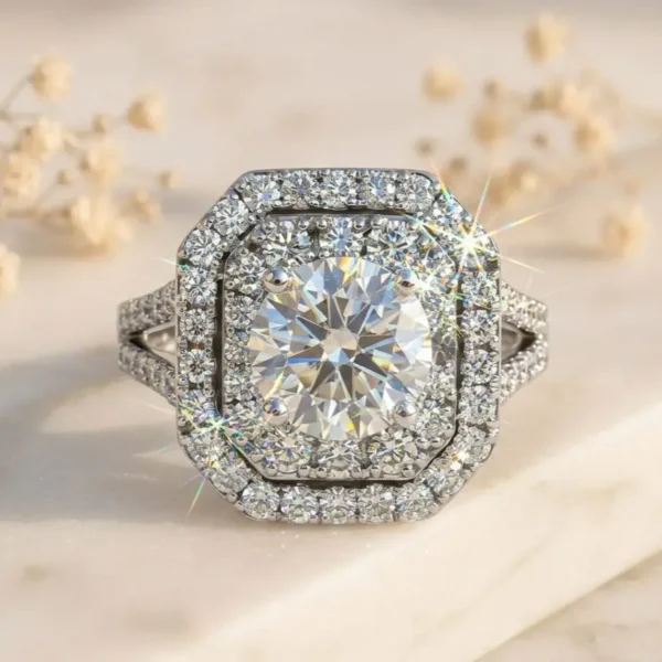 Regal Halo Radiance Ring featuring a brilliant center stone surrounded by a sparkling halo in an elegant design.