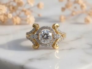 Royal Bloom Halo Diamond Ring featuring a floral-inspired halo design with sparkling diamonds in an elegant setting.