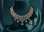Royal Cascade Teardrop Diamond Necklace Set featuring cascading teardrop-shaped lab-grown diamonds with matching earrings in an elegant bridal jewelry design.