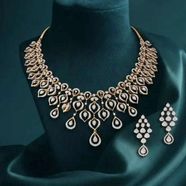Royal Cascade Teardrop Diamond Necklace Set featuring cascading teardrop-shaped lab-grown diamonds with matching earrings in an elegant bridal jewelry design.