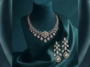 Teardrop Cascade Diamond Necklace Set featuring cascading teardrop diamonds with matching earrings in an elegant bridal design.