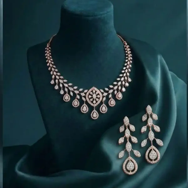 Teardrop Cascade Diamond Necklace Set featuring cascading teardrop diamonds with matching earrings in an elegant bridal design.