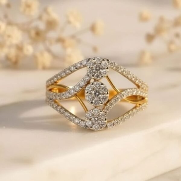 Triple Cluster Split Shank CVD Diamond Ring featuring three sparkling diamond clusters with an elegant split shank band.