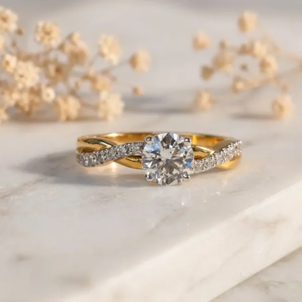 Twisted Shank Solitaire Ring featuring a sparkling solitaire diamond with an elegant twisted band design.