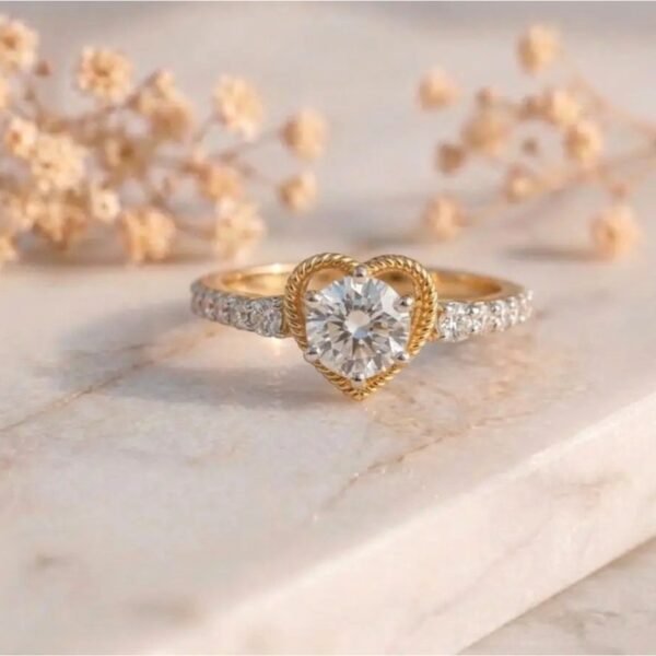 Vintage heart halo lab grown diamond engagement ring with sparkling center stone