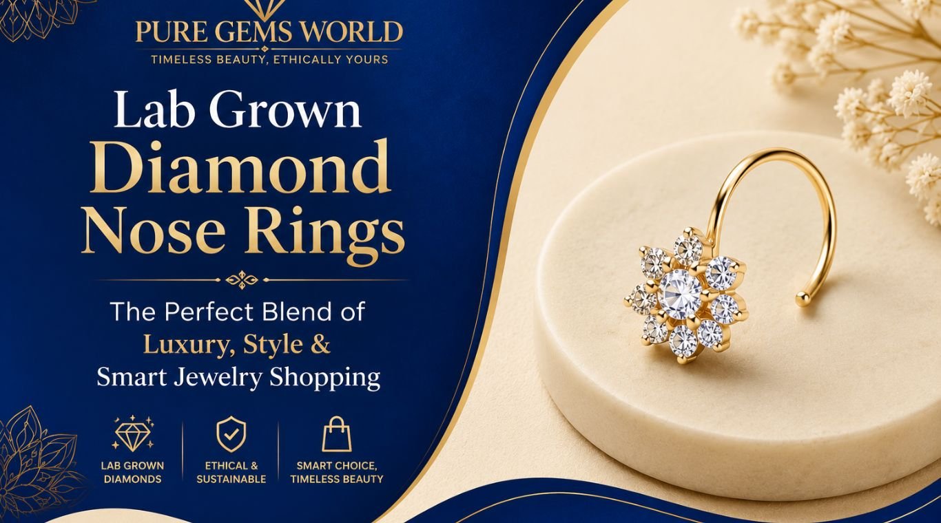 Elegant lab grown diamond nose ring in gold with floral diamond design displayed on a cream pedestal against a royal blue luxury background by Pure Gems World.