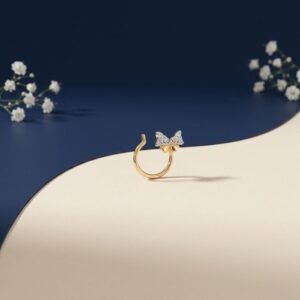 Serene Wing Nose Pin with diamond detailing shown in front, side, top, and angled views on a clean background