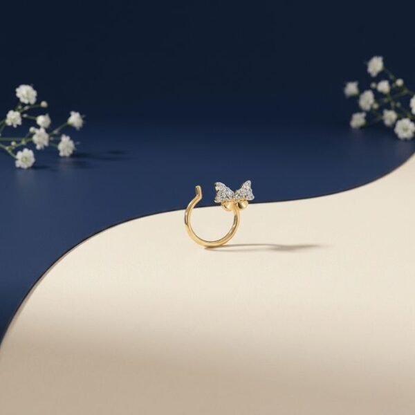 Serene Wing Nose Pin with diamond detailing shown in front, side, top, and angled views on a clean background