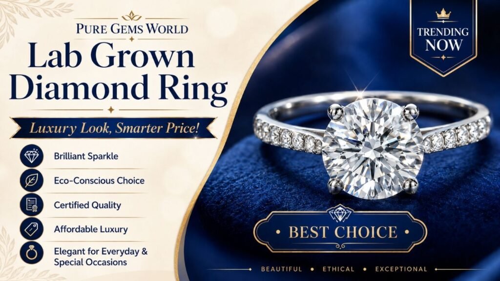 Brilliant round-cut lab grown diamond ring with pavé band displayed on royal blue luxury background by Pure Gems World