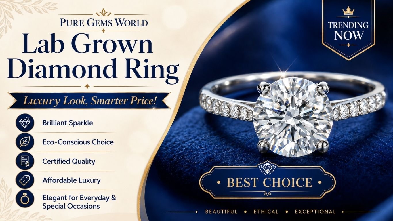 Brilliant round-cut lab grown diamond ring with pavé band displayed on royal blue luxury background by Pure Gems World