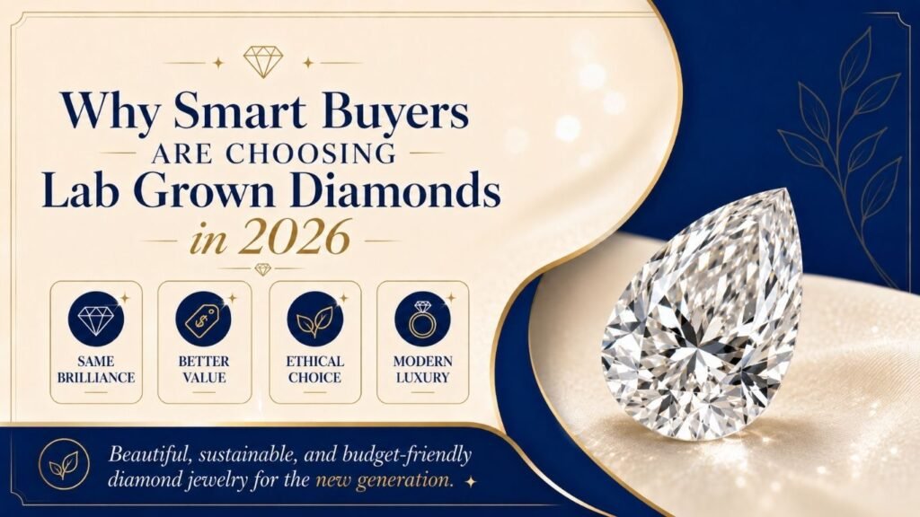 Luxury lab grown diamond promotional banner with royal blue and cream background highlighting why smart buyers are choosing lab grown diamonds in 2026.