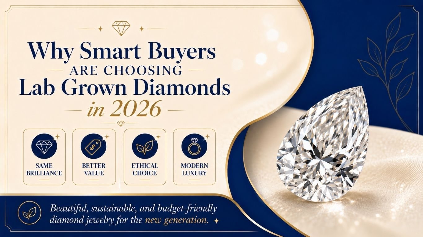 Luxury lab grown diamond promotional banner with royal blue and cream background highlighting why smart buyers are choosing lab grown diamonds in 2026.