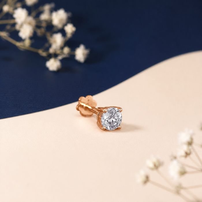 Luxe Round Lab Grown Diamond Nose Pin for Women Luxe Round Lab Grown Diamond Nose Pin displayed from front, side, top, and angled perspective with elegant round-cut diamond design