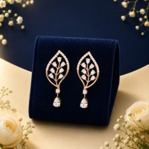 Elegant leaf drop lab-grown diamond designer earrings in 14 carat gold