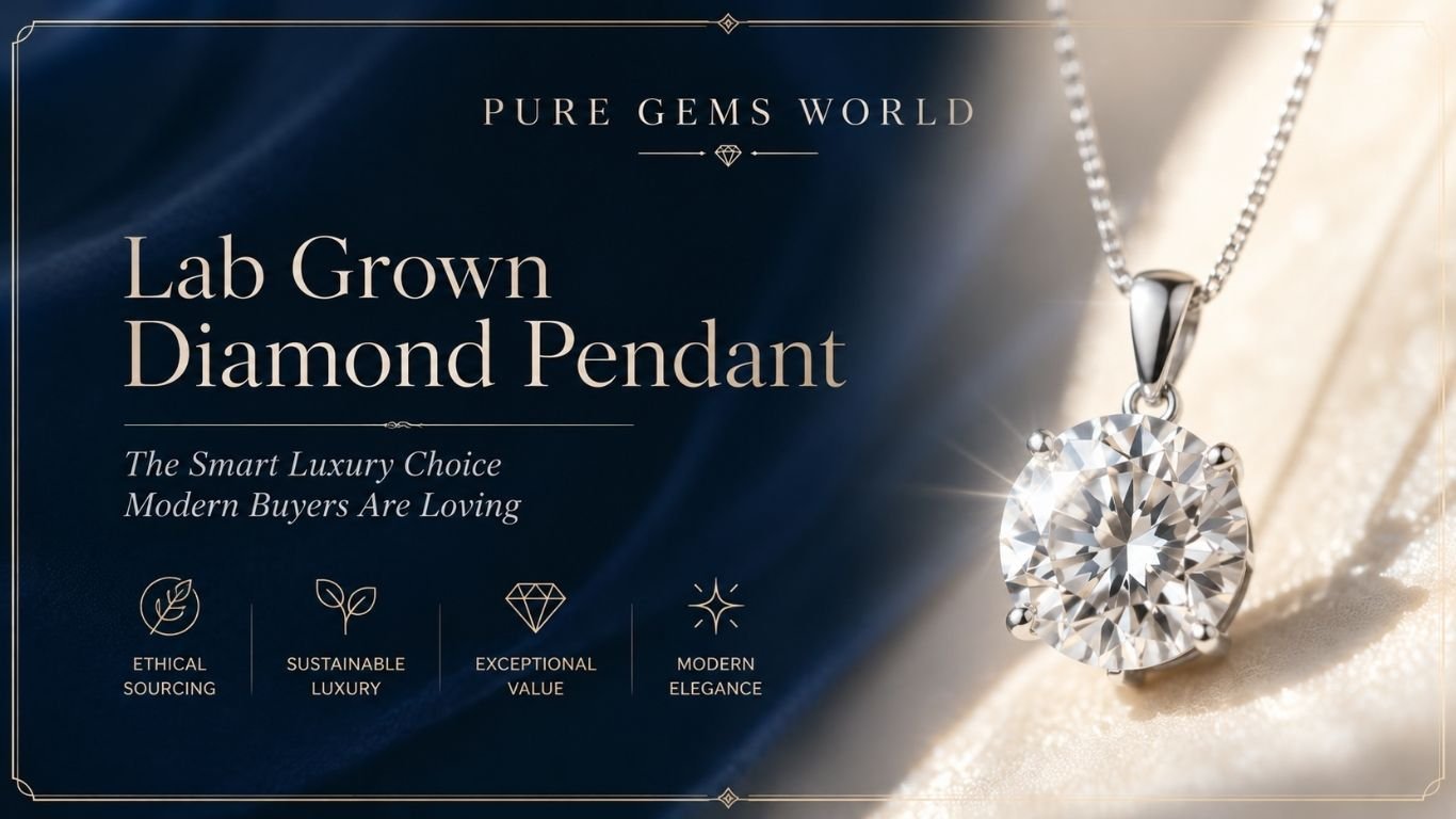 Elegant lab grown diamond pendant banner by Pure Gems World featuring sustainable luxury jewellery with brilliant round cut diamond pendant on royal blue and cream background