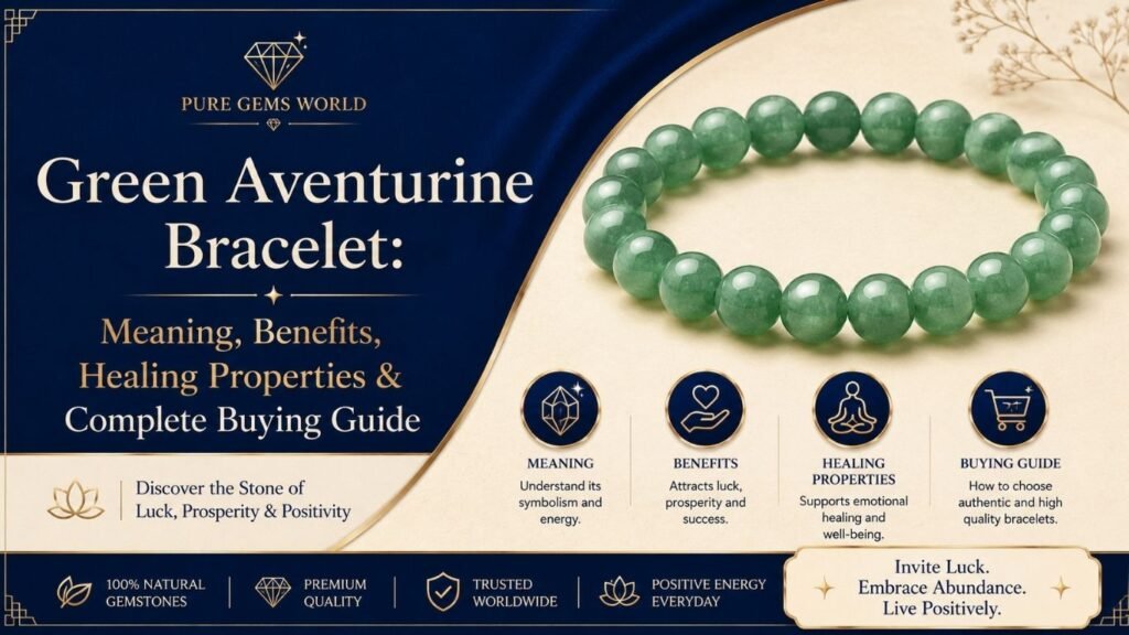Green Aventurine Bracelet guide banner by Pure Gems World showing natural crystal bracelet benefits, meaning, healing properties, and buying guide