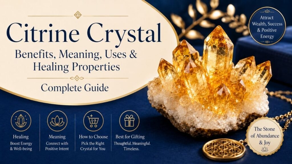 Natural citrine crystal cluster showcasing healing properties, positivity, abundance, and wealth attraction by Pure Gems World