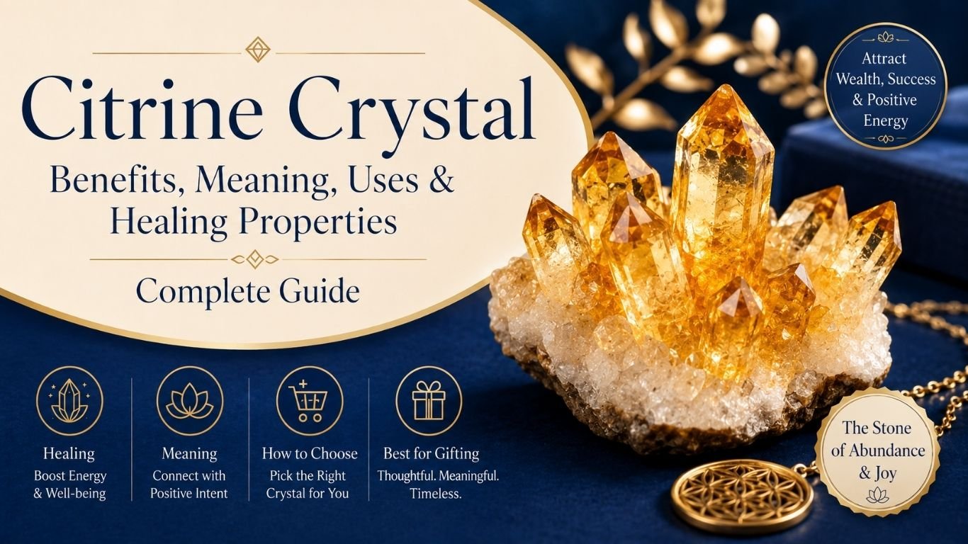 Natural citrine crystal cluster showcasing healing properties, positivity, abundance, and wealth attraction by Pure Gems World