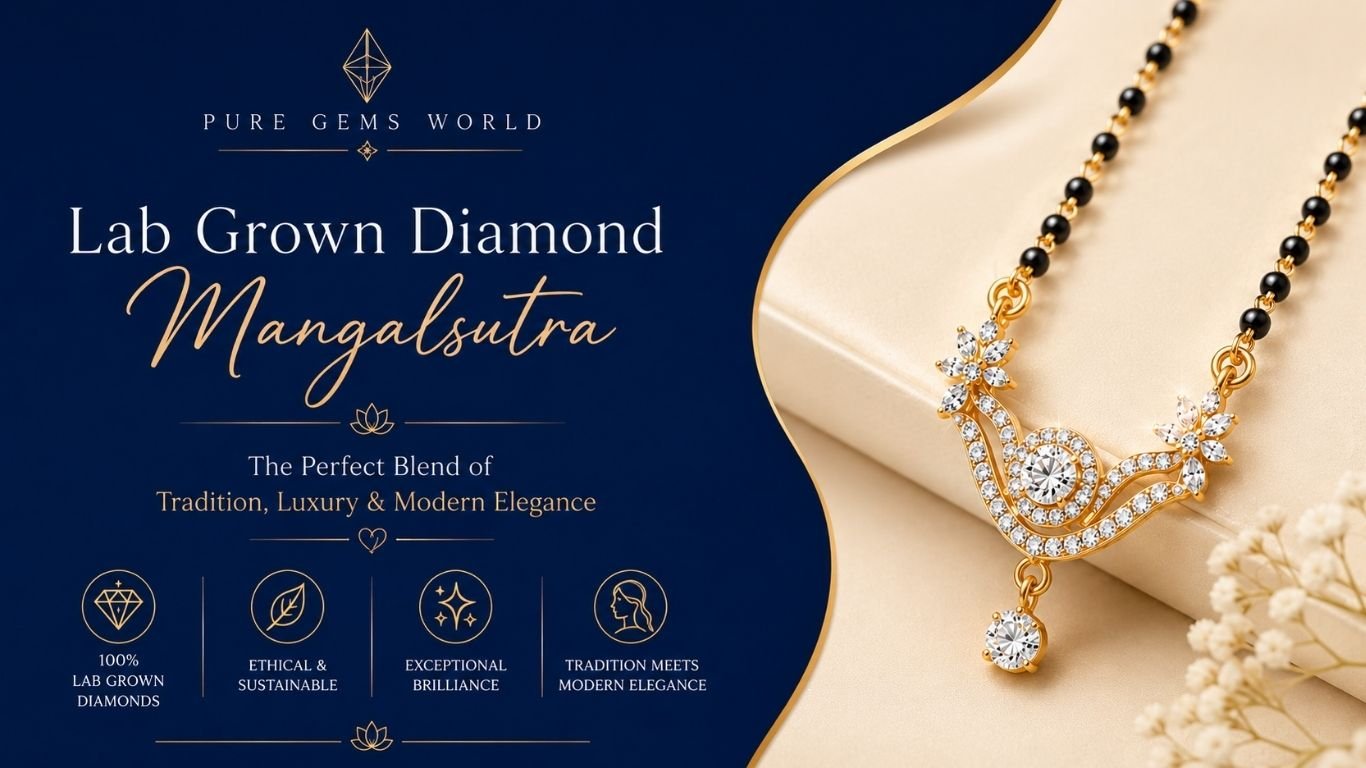 Elegant Lab Grown Diamond Mangalsutra in Yellow Gold with Floral Diamond Design on Royal Blue and Cream Luxury Background