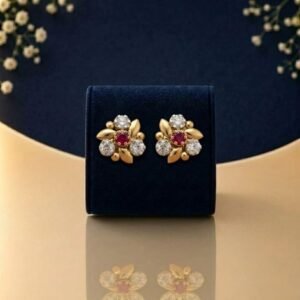 Crimson Bloom Lab Grown Diamond Earstud showcasing floral-inspired design with brilliant lab grown diamonds in front, side, top, and angled view for full detailing.