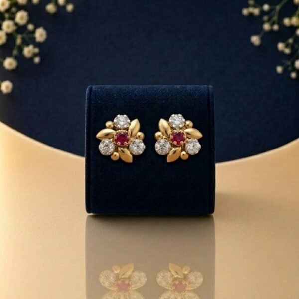 Crimson Bloom Lab Grown Diamond Earstud showcasing floral-inspired design with brilliant lab grown diamonds in front, side, top, and angled view for full detailing.