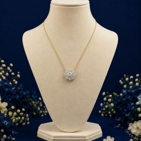 Front view of floral cluster CVD diamond pendant with brilliant sparkle