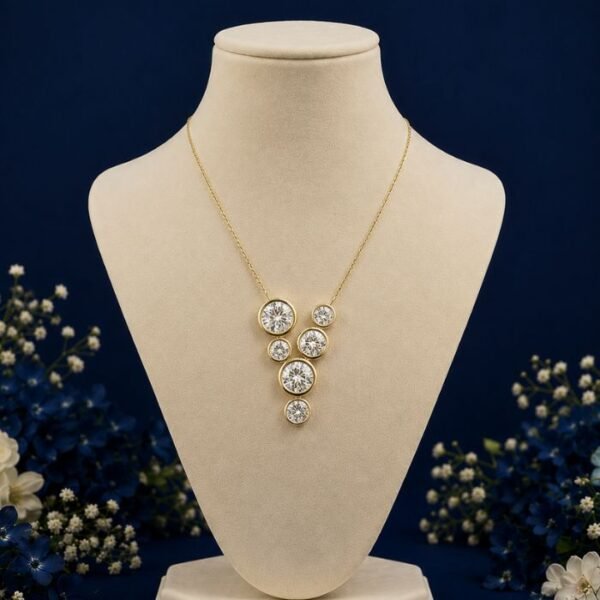 Front view of bezel cluster lab grown diamond pendant with modern sparkle