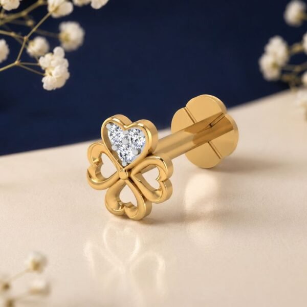 Love Charm Lab Grown Diamond Nose Pin displayed from front, side, top, and angled perspective with elegant romantic diamond design