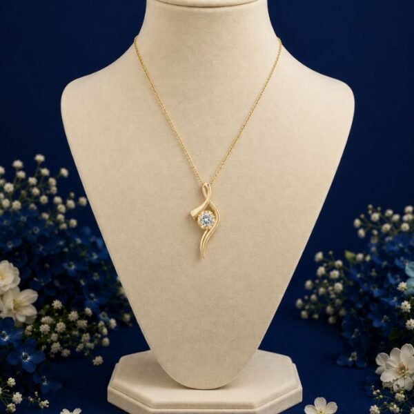 Front view of flowing ribbon lab grown diamond pendant with elegant sparkle