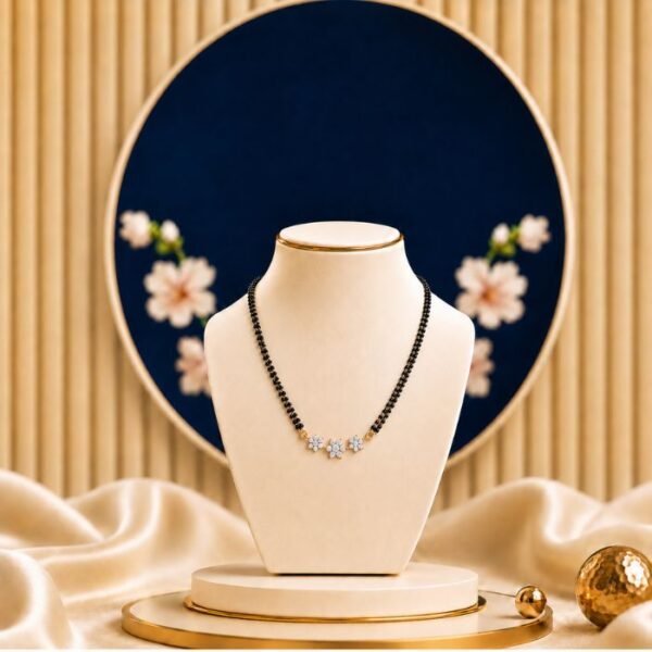Trio Bloom Luxe Lab Grown Diamond Mangalsutra displayed in front view, side view, top view, and angled perspective with floral diamond detailing