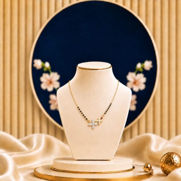 Aurelia Cross Bloom Lab Grown Diamond Mangalsutra displayed in front view, side view, top view, and angled perspective with floral cross bloom diamond detailing