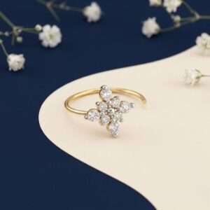 Front view of dainty floral diamond nose ring delicate design