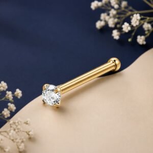 Round Brilliant Lab Grown Diamond Nose Pin displayed from front, side, top, and angled perspective views