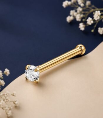 Round Brilliant Lab Grown Diamond Nose Pin displayed from front, side, top, and angled perspective views