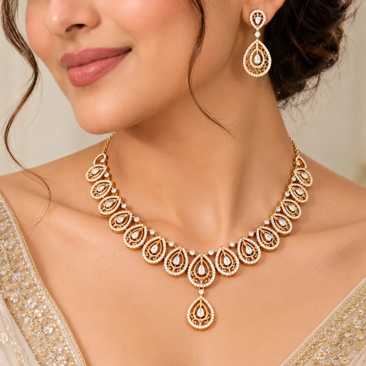 18K Gold Bridal Necklace Set with Earrings – Lab Grown Diamond Jewellery Set - Image 5