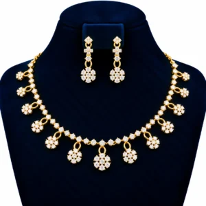 18K gold floral cluster lab grown diamond necklace set with dangling flower motifs and matching drop earrings displayed on navy blue jewellery bust