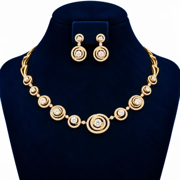 Yellow gold radiant circle lab grown diamond necklace set with concentric diamond motifs and matching circular drop earrings on navy blue display