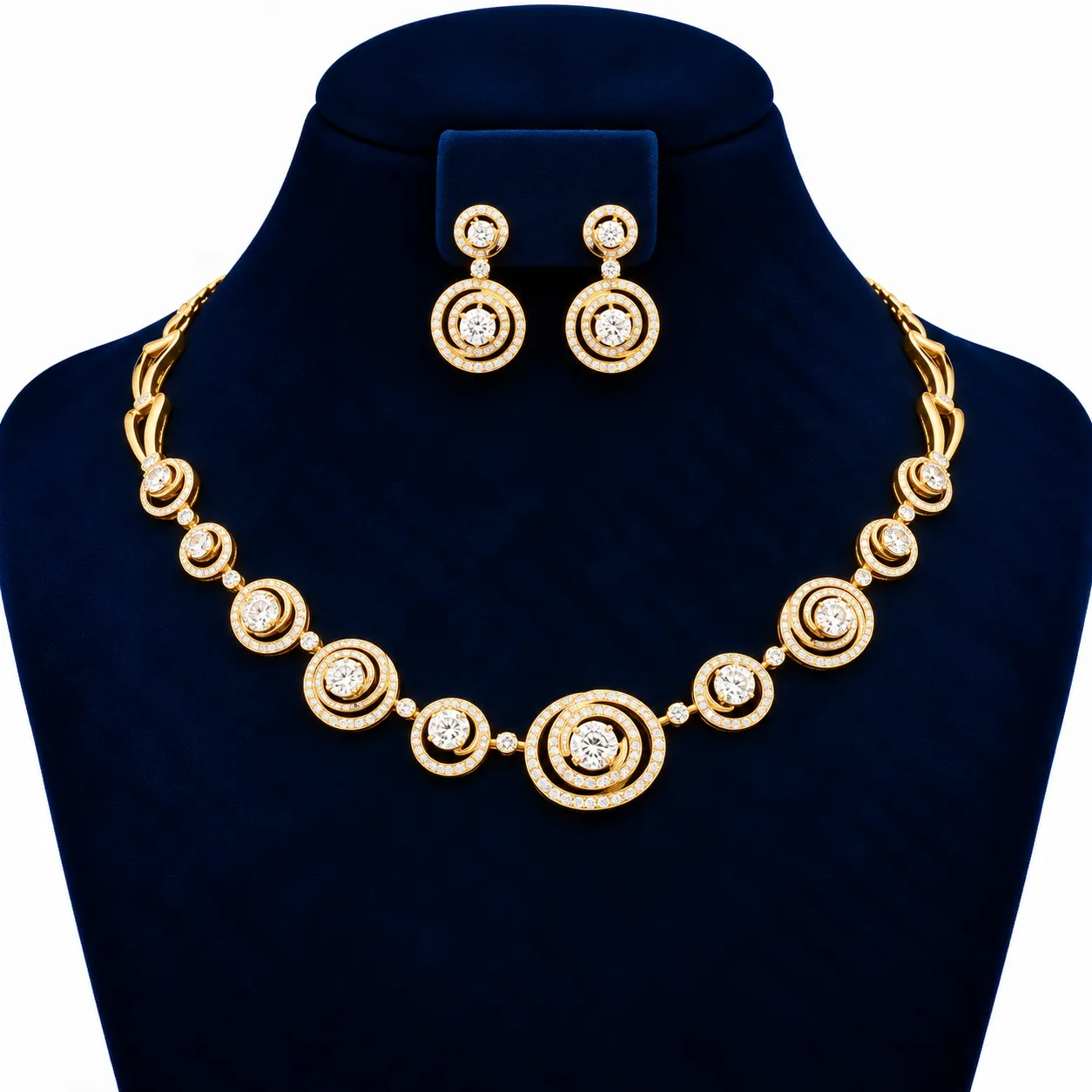 18K Gold Radiant Circle Lab Grown Diamond Necklace Set Yellow gold radiant circle lab grown diamond necklace set with concentric diamond motifs and matching circular drop earrings on navy blue display