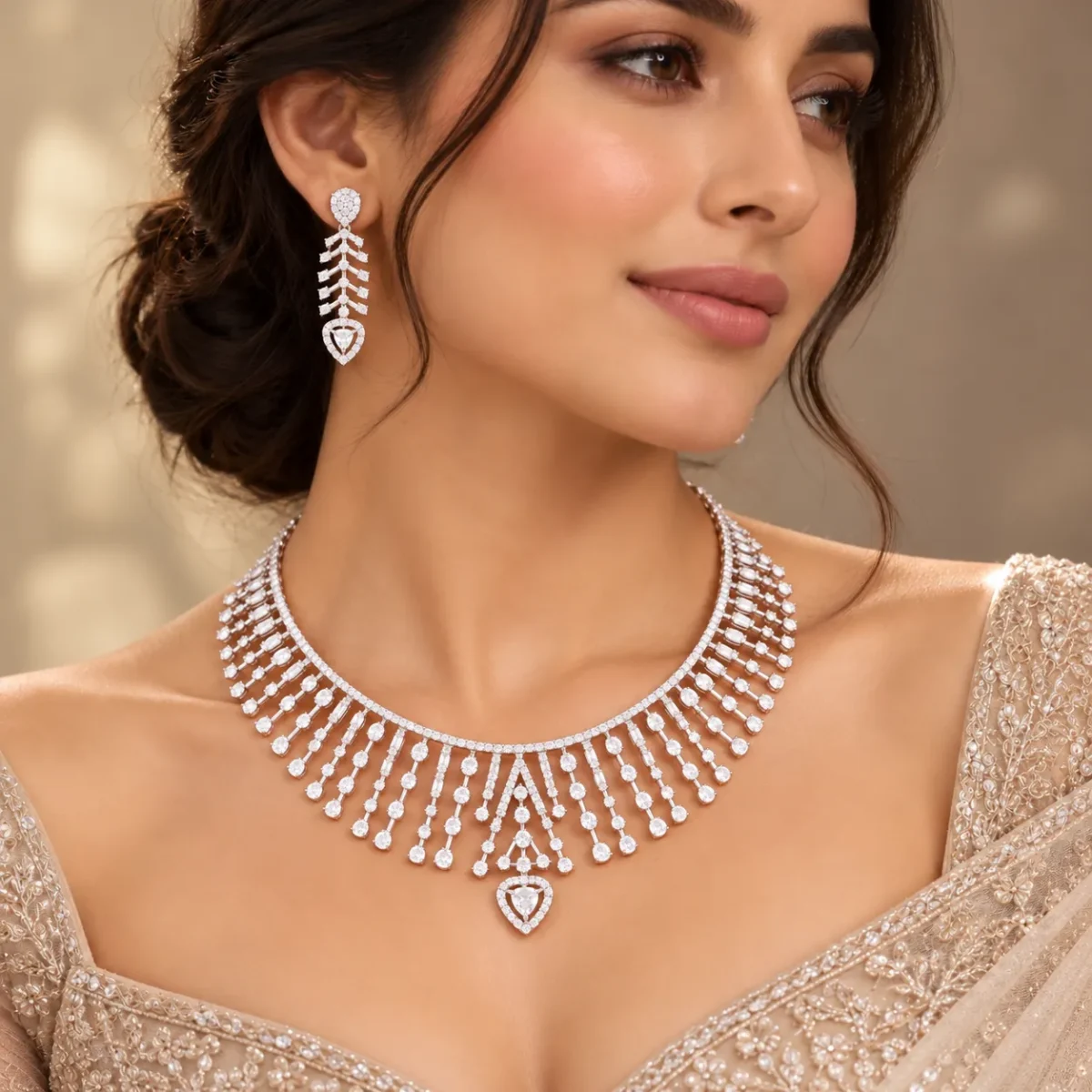18K Gold Radiant Drop Lab Grown Diamond Necklace Set with Earrings - Image 5