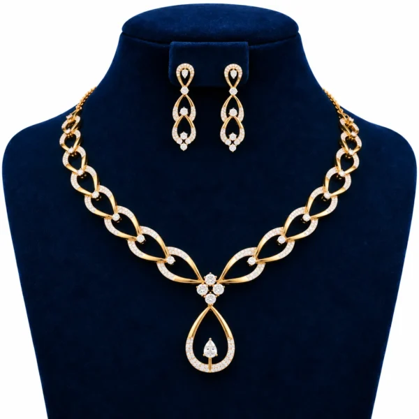 18K Solid Gold Teardrop Pendant Necklace Set with Lab Grown Diamonds and Earrings