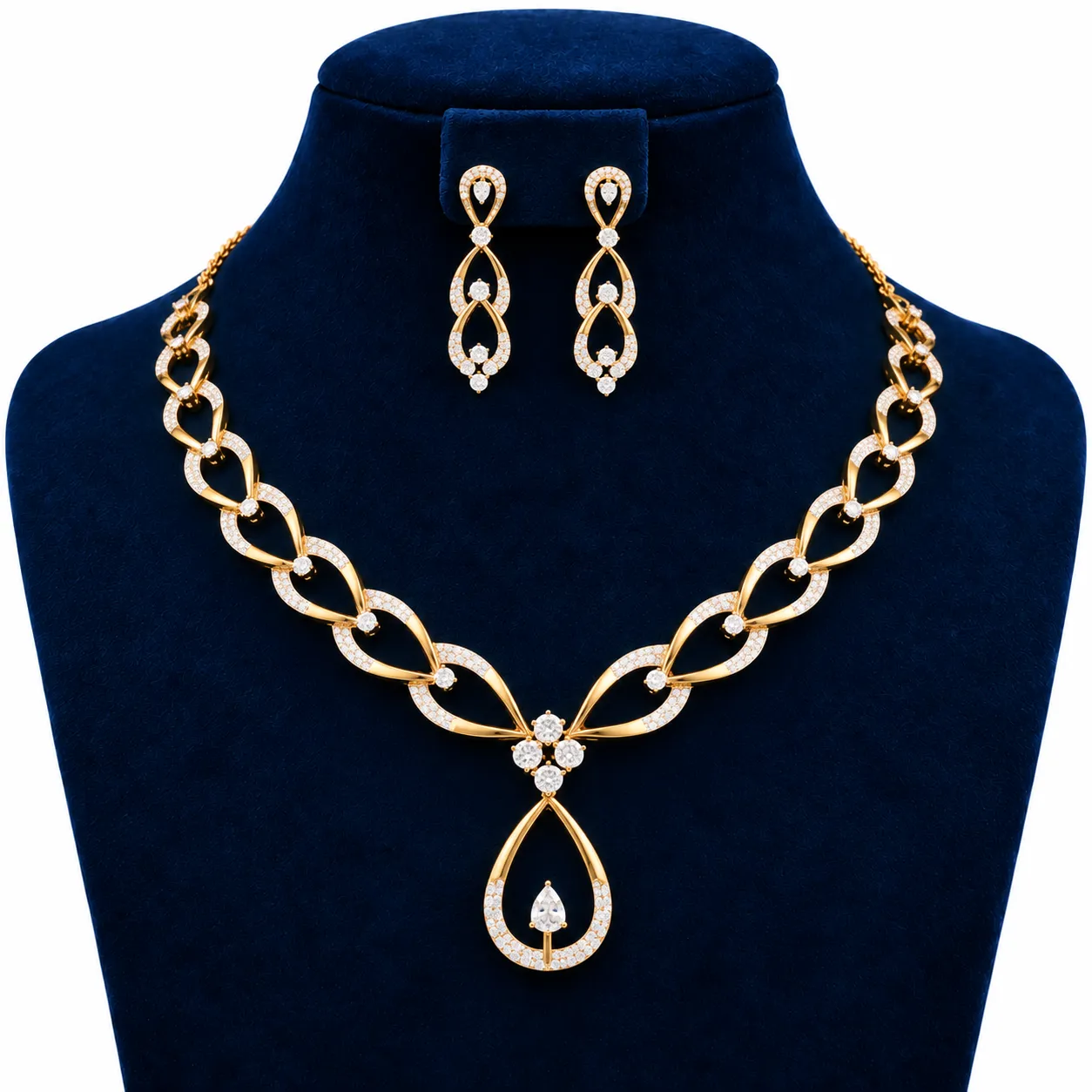 18K Solid Gold Teardrop Pendant Necklace Set with Lab Grown Diamonds and Earrings