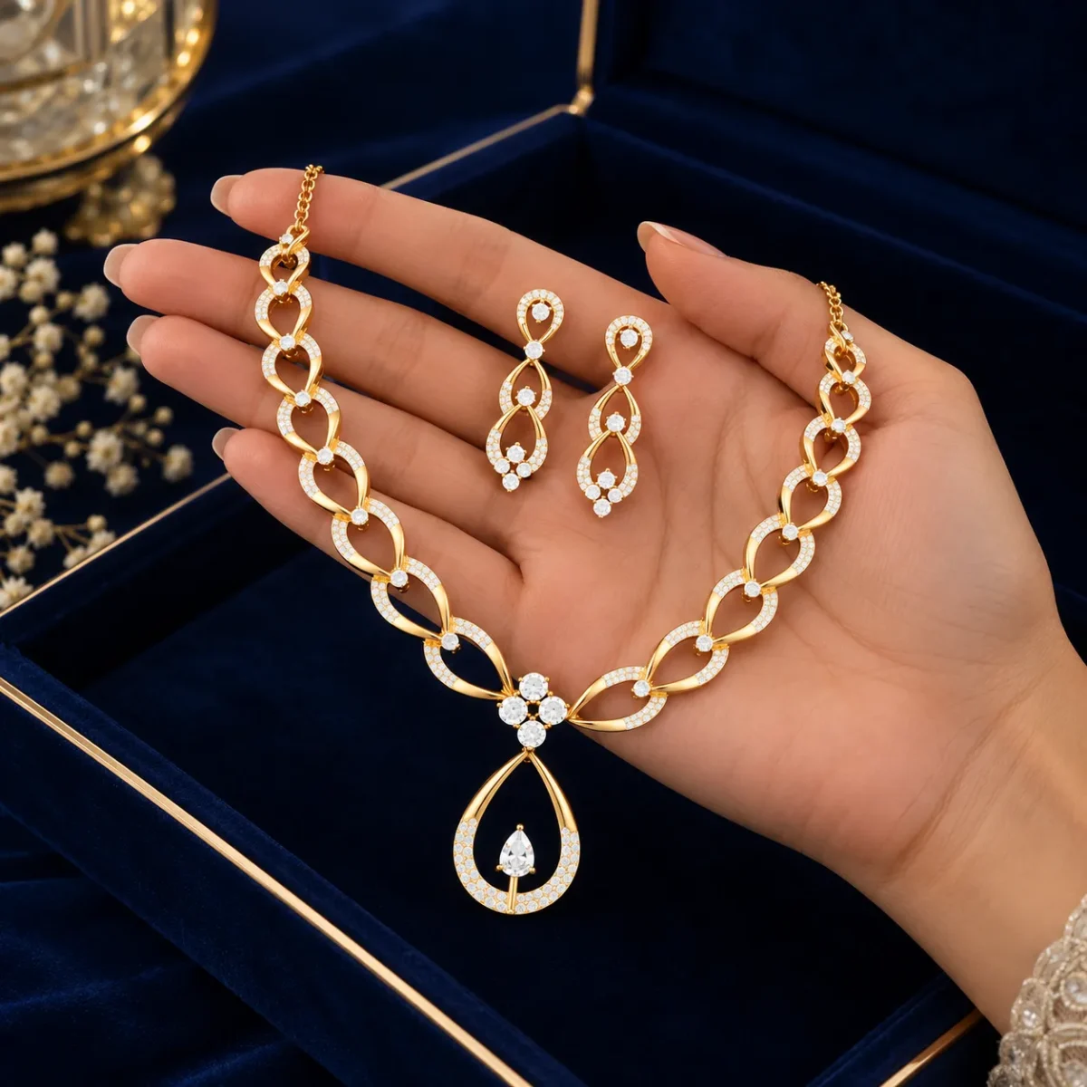 18K Solid Gold Teardrop Pendant Necklace Set | Lab Grown Diamonds - Image 4